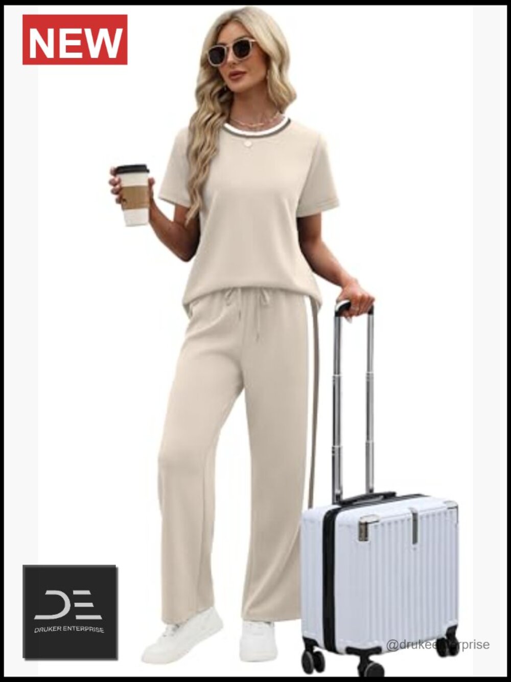 2 Piece Lounge Set for Women - Short Sleeve Top & Wide Leg Pants with Pockets - Picture 3 of 7